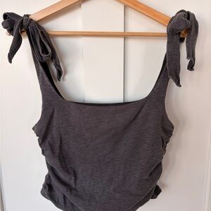Free People Charcoal Tie-Shoulder Ruched Crop Tank